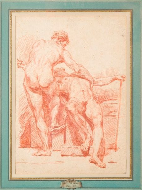 Attribué à Jean Jouvenet (1644 - 1717)
Double académie, un homme debout de dos et l’autre allongé de face
Sanguine
39 x 27 cm
Bibliographie: A. Schnapper et C. Gouzi « Jean Jouvenet », n°D.126 repr. p.373 comme Jouvenet
