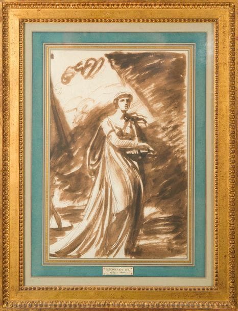 George ROMNEY (Dalton-in-Furness 1734 - Kendal 1802)
Figure féminine drapée portant une urne ou un objet, Lady Hamilton étant le modèle présumé
Plume et encre brune, lavis brun, sur traits de crayon noir 
45,5 x 30 cm 
Étiquette au verso de l’encadrement 
Pliure en bas à droite 

Provenance :
Ancienne collection Beraldi. 

En 1773, Romney voyage en Italie et rencontre Fussli, dont l’influence sera déterminante. De retour à Londres en 1775, il est salué pour son originalité et impressionne un grand nombre de personnalités du monde de l’art. Romney rencontre l’actrice Emma Hart (1765-1816) par l’intermédiaire de Charles Greville en 1782. Médusé par sa beauté, il en fait sa muse pendant dix ans. Emma va peupler ses rêves et l’inspirer en Circé, en Euterpe, en Ariane, en femme du monde, en figure allégorique, en tête d’expression. Elle était célèbre pour les tableaux vivants appelés aussi « Attitudes » qu’elle inventait pour Lord Hamilton comme en témoigne la comtesse de poigne : « Un jour, elle m’avait placée à genoux, devant une urne, les mains jointes dans l’attitude de la prière. Penchée sur moi, elle semblait abimée dans sa douleur, toutes deux nous étions échevelées. Tout à coup, se redressant et s’éloignant un peu, elle me saisit par les cheveux d’un mouvement si brusque que je me retournai avec surprise et même un peu d’effroi, ce qui me fit entrer dans l’esprit de mon role, car elle brandissait un poignard. Les applaudissements passionnées des spectateurs artistes se firent entendre avec des exclamations : « Bravo la Medea ! » (voir Gilles Chazal, « Les attitudes de Lady Hamilton », dans Gazette des Beaux Arts, pp. 219-226). 
Elle épouse, en 1790, Sir William Hamilton, ambassadeur à Naples, et accessoirement esthète et collectionneur (voir : Jane Roberts, dans le catalogue d’exposition « d’Outre-Manche », Louvre, 1994, édition Bibliothèque Nationale de France, p. 271)
On peut comparer notre dessin avec deux autres feuilles co