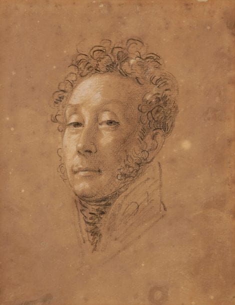 François Joseph HEIM (Belfort 1787 - Paris 1865) 
Portrait d’homme, étude de tête 
Crayon noir et rehauts de craie blanche 
18 x 14 cm
Insolé, taches