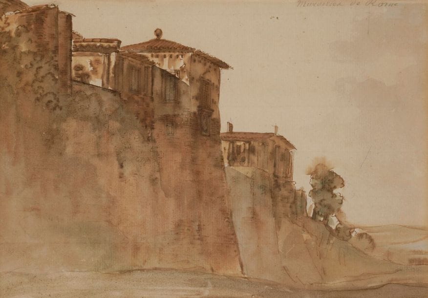 École française vers 1800
Vue d’Italie 
Plume et encre brune, lavis brun 
17,5 x 25 cm 
Annoté Murailles de Rome en haut à droite