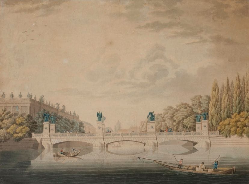 F. BRÜHL (actif au début du XIXe siècle)
Pont néoclassique en Allemagne 
Aquarelle 
38 x 53 cm 
Signé sur la barque et daté 1803 
Légèrement insolé et taches