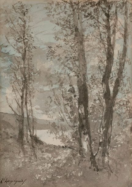 Henri-Joseph HARPIGNIES 
(Valenciennes 1819 - Saint Privé 1916) 
Sous-bois en bord de rivière
Aquarelle 
34,5 x 24,8 cm
Signé en bas à gauche