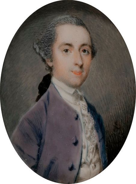 École française du milieu du XVIIIe siècle 
Portrait d’homme en buste 
Gouache 
3,8 x 3,2 cm de forme ovale 
Monogrammé SL entrelacé sur la droite et daté 1775