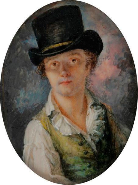 Lié Louis PERIN-SALBREUX (Reims 1753 - 1817)
Autoportrait au chapeau 
Gouache 
6,9 x 5,4 cm 

Provenance : 
Resté dans la famille de l’artiste depuis 1790 
Vente anonyme, Paris, Hôtel Drouot, Mes Binoche et Giquello, 
le 15 décembre 2011, n°71, repr. 

Soutenu par Vien pour son inscription au cours de l’Académie en juillet 1773, Louis Lié Périn, débuta chez Lemmonier et suivit les cours du miniaturiste Siccardi. Son amitié avec Alexandre Roslin et le sculpteur Houdon lui valut de nombreuses commandes. Notre autoportrait, en manches de chemise et chapeau de feutre noir, se singularise par son clair-obscur, dans la grande tradition des « Tenebrosi » italiens. Le musée du Louvre conserve deux autres autoportraits, l’un tête nue (inv. 32336-ML 41) et l’autre portant un chapeau (inv. 32339-ML 44)