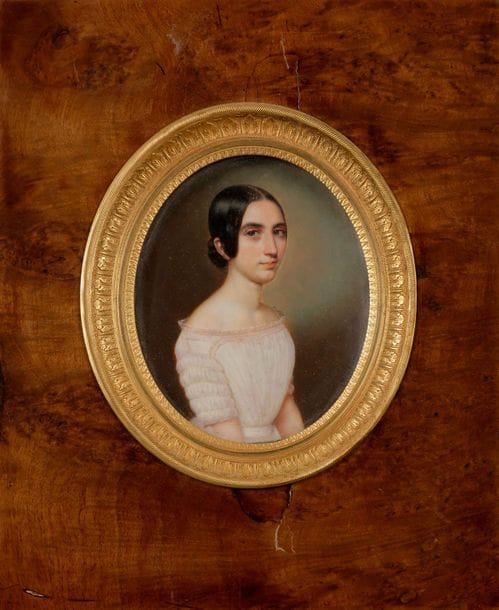 Flavien-Emmanuel CHABANNE (1799-?)
Portrait de femme à la robe blanche. 
Miniature ovale. 
10 x 6 cm