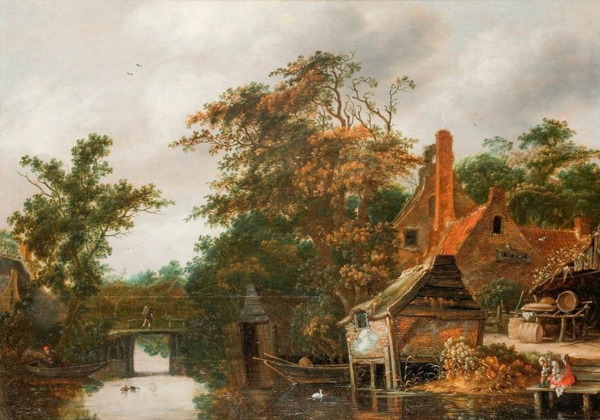 Salomon ROMBOUTS (Harlem, 1652 - Italie, 1702)
Village en bordure de rivière 
Panneau de chêne, trois planches, non parqueté 
61 x 85 cm
Signé au centre sur la barque : Rombouts

Notre tableau est à rapprocher de la composition de Salomon Rombouts, Paysage de rivière, panneau, 35,8 x 47,2 cm (vente anonyme, Amsterdam, 16 novembre 2006, Christie’s, n°62). 