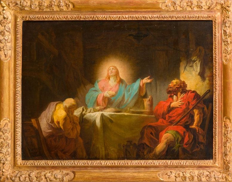 François-André VINCENT (Paris 1746 - 1816)
Les Pèlerins d’Emmaüs
Toile 
46 x 63 cm
Signée et datée en bas à gauche : Vincent /1770
Restaurations anciennes

Provenance :
Peut-être collection du sculpteur Jean-Guillaume Moitte (1746-1810) 
Vente après décès de madame Moitte, Paris, quai Malaquais n°3, 20-21 août 1807 (Me Thierry), partie du n°5 : Notre Seigneur à table avec les Pélerins d’Emmaüs ; esquisses peintes sur toile 
Acquis par le peintre Étienne Pallière (1761-1820), élève de Vincent 
Sa vente après décès, Paris, rue Louis-le-Grand, 20-25 mars 1820 (Me Coutelier), n°6, dans la partie additionnelle du catalogue, n°361 (Jésus à table avec des pèlerins dans le château d’Emmaüs ; esquisse touchée avec liberté. H.22 p.10 l - L. 11 p.10 l)  
Acquis par Meunier  
Peut-être collection Jacques-Augustin-Catherine Pajou  
Peut-être son inventaire après décès, 11 décembre 1828 (n°7 Monsieur Vincent, Les Pélerins d’Emmaüs ; esquisse terminée) 
Peut-être vente après décès de Pajou, Paris, rue Saint-Dominique n°29, 12-13 janvier 1829, Me Merlin, n°91 (M. Vincent. Les Pèlerins d’Emmaüs ; esquisse terminée) 
Peut-être vente à Paris, 9-10 décembre 1858, n°91 (Vincent, Les pèlerins d’Emmaüs ; esquisse terminée) 
Paris, collection Henri Rouart 
Sa vente après décès, Paris, Hôtel Drouot, 21-22 avril 1913 (3e vente), Me Lair-Dubreuil, n°192  
Vente anonyme, Monaco, 22 février 1986 (Sotheby’s), n°281, repr. 

Bibliographie :
Jean-Pierre Cuzin, François-André Vincent, 1746 - 1816, entre Fragonard et David, Arthéna, Paris, 2013, p. 347, cat. 30 P, repr. p. 23. 

Il s’agit d’une œuvre de jeunesse, avant le départ de l’artiste pour l’Italie. Jean-Pierre Cuzin a émis l’hypothèse qu’il s’agirait de l’esquisse pour le grand format en largeur mis aux enchères à Paris le 28 novembre 1810, perdu depuis, et qui provenait peut-être d’une église de la capitale, comme les autres tableaux de cette vente. Il la décrit ainsi :