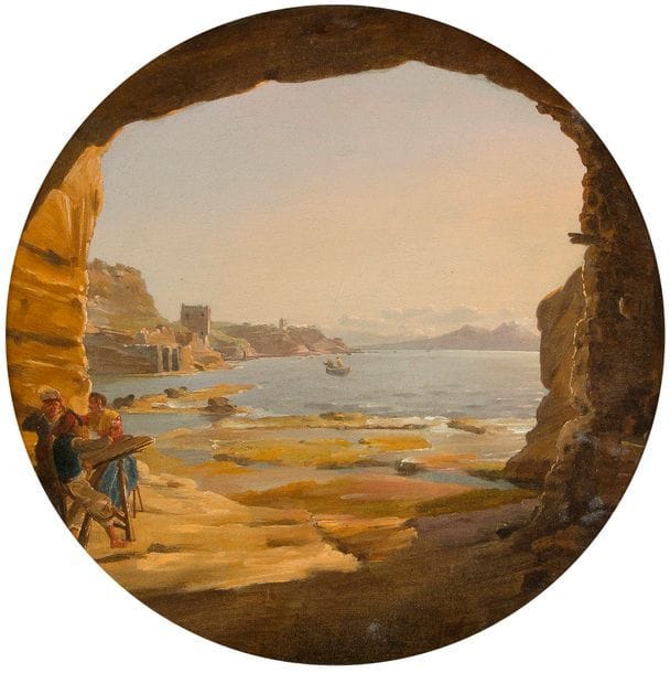 Frans VERVLOET (Malines, 1795 - Venise, 1872)
Vue de la baie de Naples 
Papier circulaire marouflée sur carton 
D : 30 cm
Au revers une inscription : N 176 Vedute di Pausilipo/a Napoli
Dans un cadre en bois mouluré et stuqué 

Provenance :
Probablement Emmanuel Moatti, Paris.