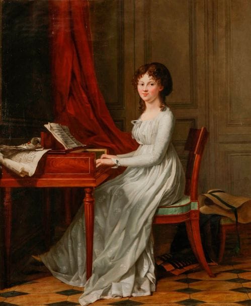 École FRANCAISE 1798, Mademoiselle CORNET*** 
Portrait de jeune fille jouant du clavecin
Sur sa toile d’origine 
99 x 80 cm
Signée et datée en bas à gauche : peint par Melle Cornet / 1798
Restaurations anciennes