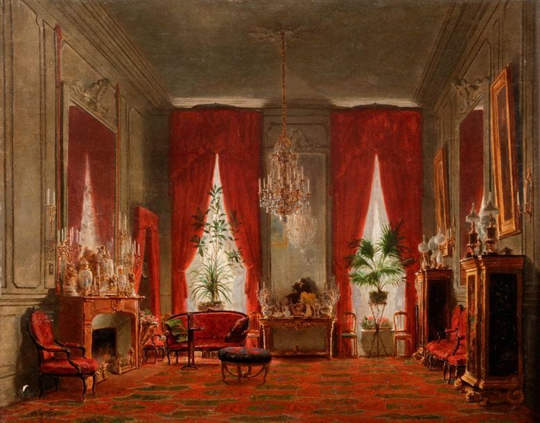 Sébastien Charles GIRAUD (Paris 1819 - Sannois 1892)
Vue d’un salon bourgeois 
Toile 
44 x 53 cm
Signée et datée en bas à gauche : Ch Giraud / 1877
Manques 

Provenance : 
Vente anonyme à Paris, Hôtel Drouot, 3 juin 1998, Me Joron-Derem, lot n°42 (décrit sur panneau). 

Cadet de douze ans du peintre Pierre-Francois Eugène Giraud, notre artiste a voyagé en Italie, en Espagne, en Afrique du Nord et même à Tahiti.
Il est aujourd’hui surtout connu pour ses vues d’intérieurs d’appartements ou de musées (deux sont conservées au musée du Louvre). 
Son tableau le plus célèbre est Le salon de la princesse Mathilde, rue de Courcelles (1859, château de Compiègne), dont la composition de notre panneau dérive en partie. 
Il éclaircit le fond de ses tableaux par des fenêtres ornées de rideaux rouges, au sein d’un décor caractéristique du Second Empire.