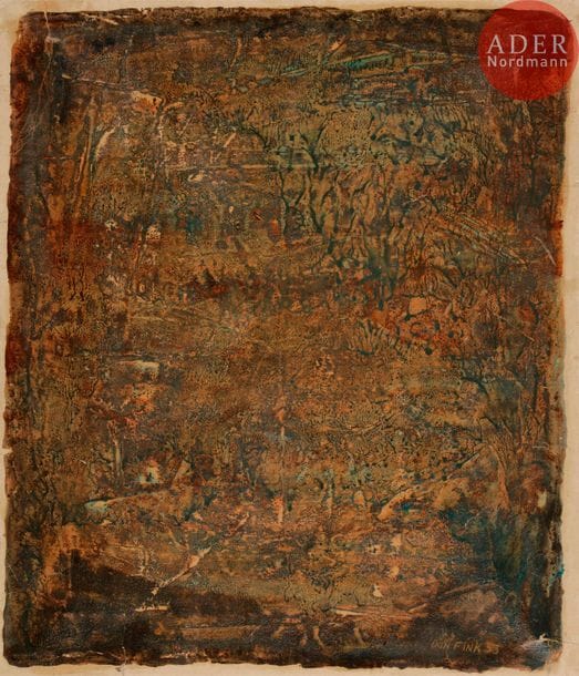 Don FINK [américain] (né en 1923)
Palimpseste, 1953
Huile sur papier contrecollé sur toile.
Signée et datée en bas à droite.
(Petites déchirures).
46.5 x 40 cm