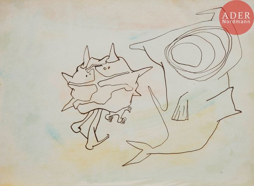 Roberto ALTMANN [cubain] (né en 1942)
Requin, 1960
Encre sur fond d’aquarelle.
Datée en bas à droite.
34 x 32 cm