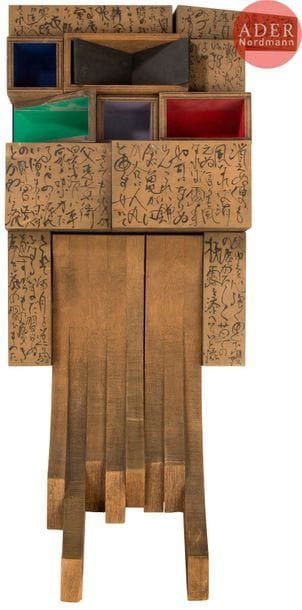 Itaru KOMORO [japonais] (né en 1941)
Kage Kito, 1974
Acrylique et encre sur assemblage de bois.
Signée et datée au dos.
78 x 41 cm