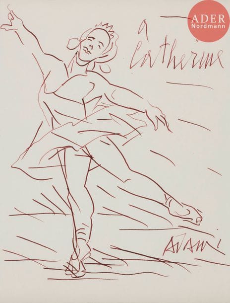Valerio ADAMI [italien] (né en 1935)
Danseuse
Encre.
Signée en bas à droite et dédicacée.
20 x 16 cm