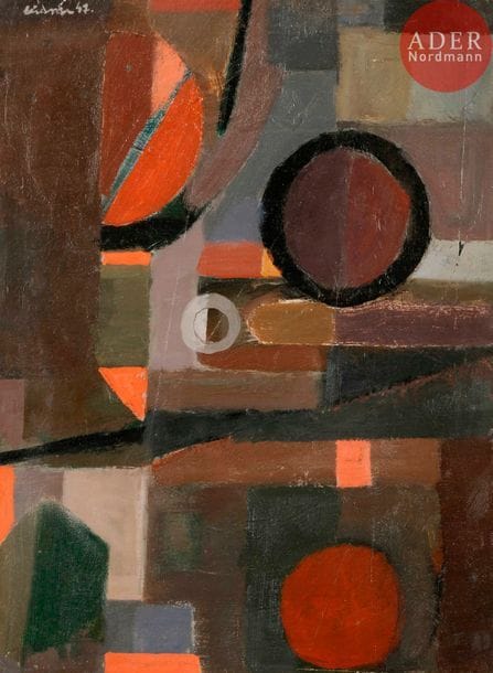 René LEIDNER (1921-2005)
Jeux d’anneaux, 1947
Huile sur carton.
Signée et datée en haut à gauche.
30 x 22.5 cm

Exposition : 
Leidner, 50 ans de peinture, 16 octobre - 9 novembre 1991, Galerie Elvine Dalbanes, Paris.