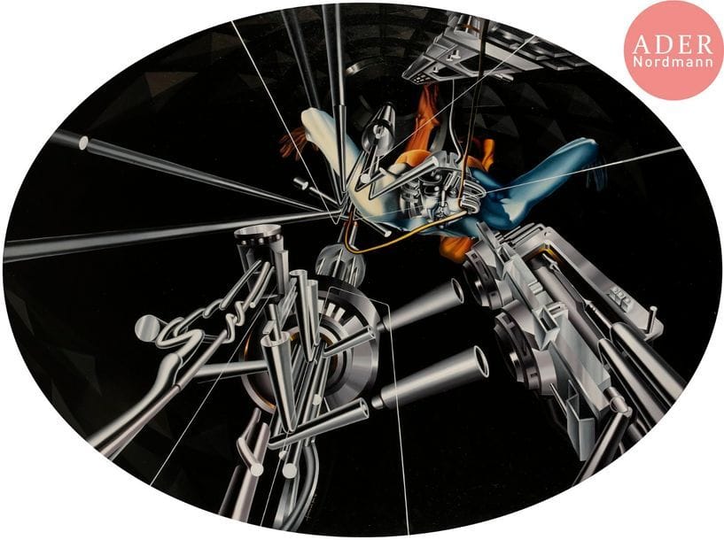 Francisco MELO (XX-XXIe siècle)
Mécanique, 1978
Huile sur toile ovale.
Signée et datée en pied.
97 x 130 cm