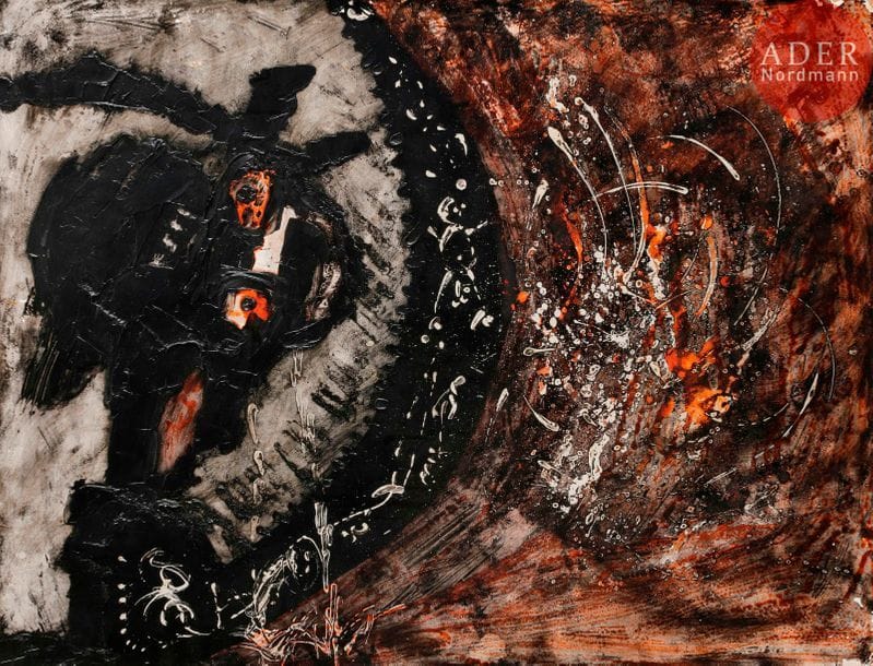 Jorge PIQUERAS [péruvien] (né en 1925)
El Brujo Negro, 1962
Huile sur carton contrecollé sur panneau.
Signée, datée, titrée et située « Wissous » au dos.
(Petites usures dans les angles).
50 x 65 cm