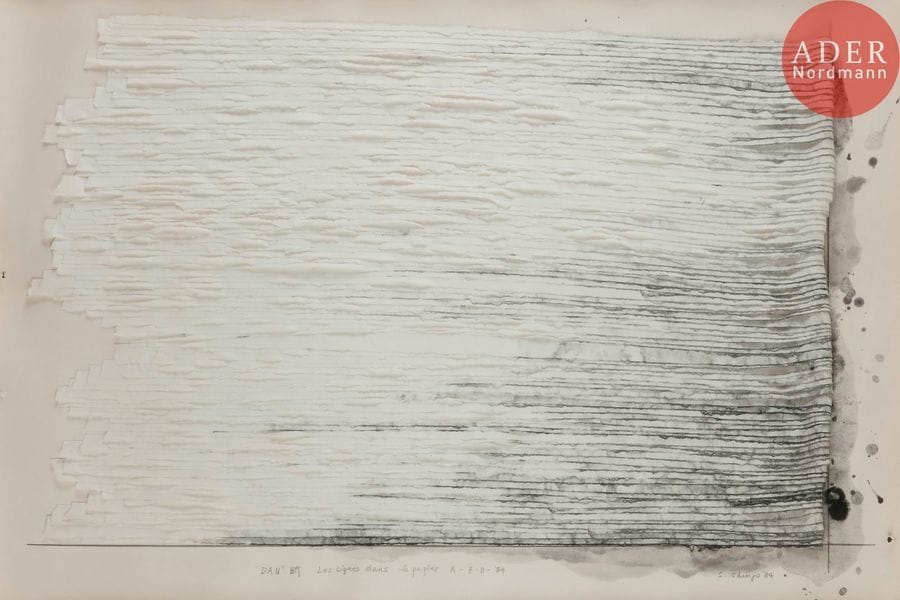 Shigeo SHINJO [japonais] (né en 1945)
Dan, Les lignes dans le papier, 1984
Encre de Chine sur papier découpé.
Signée, datée et titrée en pied.
63 x 91 cm