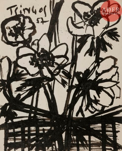 Thanos TSINGOS [grec] (1914-1965)
Fleurs, 1957
Encre.
Signée et datée en haut à gauche.
19 x 16 cm

Œuvre réalisé pour la Revue L’Art Moral par Julien Alvard (revue jointe).
