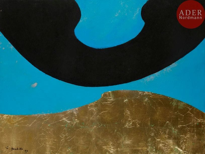 Kenji YOSHIDA [japonais] (1924-2009)
La Vie, 1997
Acrylique et feuille doré sur toile.
Signée et datée en bas à gauche.
Signée, datée et titrée au dos.
60 x 81 cm