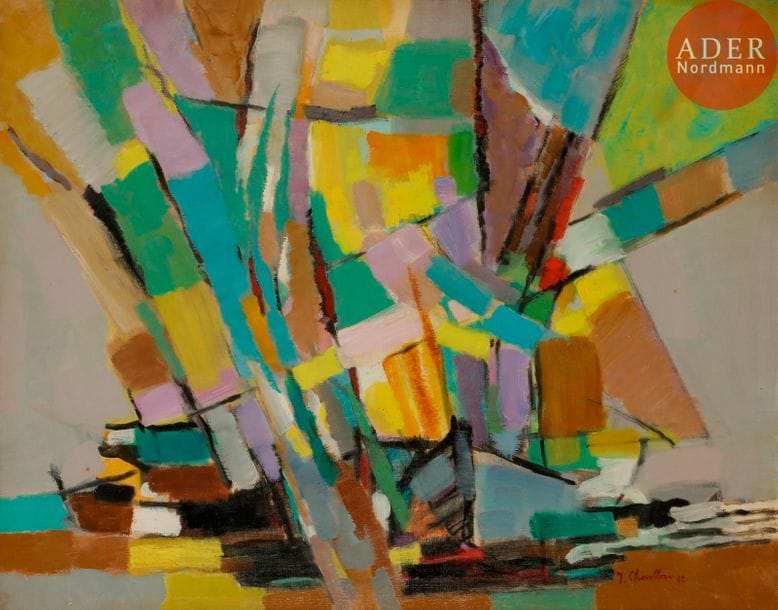 Jean CHEVOLLEAU (1924-1996)
Les Bateaux, 1962
Huile sur toile.
Signée et datée en bas à droite.
Signée, datée et titrée au dos.
65 x 81 cm

Provenance : 
Galerie Camille Renault, Paris (sa marque au dos).