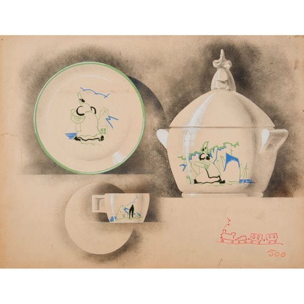 TRAVAIL VERS 1925/30 
Bretagne et Paysage du sud de la France 
Projets de décor pour des pièces de vaisselle. Gouache sur papier. Déchirures, taches, perforations, jaunissements. Chaque 50 x 65 cm 
