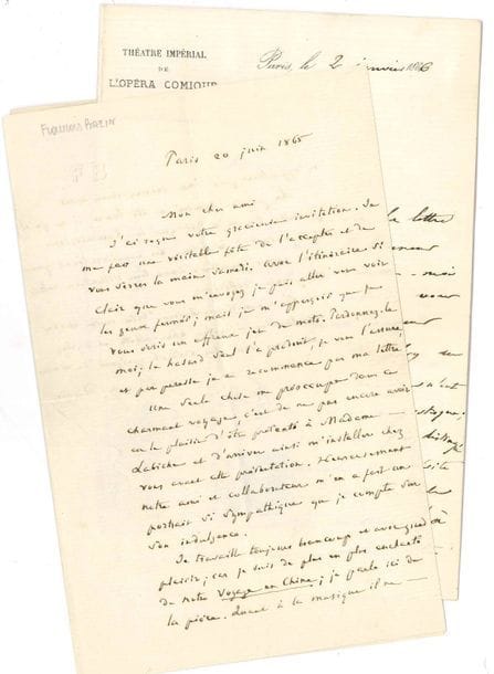 François BAZIN (1816-1878) compositeur. L.A.S., Paris 20 juin 1865, à Eugène Labiche ; 1 page et demie in-8, enveloppe.
   Il se réjouit de rendre visite à Labiche et sa femme en Sologne… « Je travaille toujours beaucoup et avec grand plaisir ; car je suis de plus en plus enchanté de notre Voyage en Chine ; je parle de la pièce. Quant à la musique, il ne m’appartient pas d’en donner mon avis »… [Le Voyage en Chine, livret de Labiche et musique de François Bazin, fut créé le 9 décembre 1865 à l’Opéra-Comique.]
   On joint une L.A.S. de Mme de Pompery, demandant qu’on change le nom du personnage de Pompéry dans Le Voyage en Chine ; et un brouillon de réponse du directeur de l’Opéra-Comique Adolphe de Leuven (2 janvier 1866), affirmant que ce personnage n’est ni ridicule, ni grotesque et que les auteurs n’envisagent pas de changer son nom.
