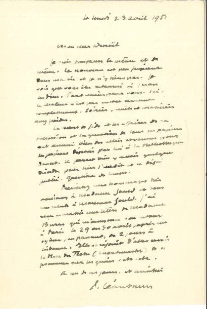 Paul LÉAUTAUD. L.A.S., 23 avril 1951, à Jean Denoël ; 1 page in-8.
   Sur la mort d’André Gide. « Je suis toujours le même et de même. Le nouveau est peu piquant dans ma vie et je n’y tiens pas. […] La mort de Gide et les affaires de sa succession de tous ses papiers ont amené bien des allées et venues pour les papiers déposés par lui à la Bibliothèque Doucet. Il paraît bien y avoir quelque désordre pour trier l’inédit et le déjà publié. Question de temps »...
   On joint une L.A.S. de Pierre LOUÿS (1 p. in-8 à son adresse, encre violette). « Voici une mauvaise revue, et de mauvais vers dédiés à vous ; en souvenir de La Lance ! Pardonnez-moi. Et surtout ne vous fiez plus à Régnier pour savoir ce que je pense de vous »…
