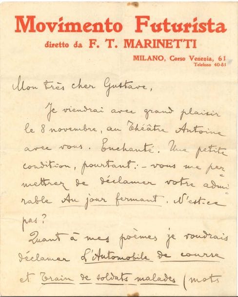 Filippo Tommaso MARINETTI. L.S., Milan [1912], à Gustave Kahn ; 3 pages in-4, en-tête Movimento Futurista diretto da F.T. Marinetti (la lettre est écrite par sa femme).
   « Nous parlons très souvent de vous, ici, et je déclame très souvent votre admirable Au jour fermant, à mes amis les peintres futuristes. Je vous avais déjà envoyé un Monoplan du Pape. Vous en recevrez un second, du moment que le premier s’est égaré. Comment avez-vous pu supposer un oubli de ma part ? Mon livre, qui est je crois mon meilleur, vous plaira d’un côté : caricature épique de la papauté et du cléricalisme, mais vous déplaira de l’autre : exaltation de la guerre. Écrivez-moi, je vous prie, dès que vous l’aurez lu en entier. Je tiens à savoir exactement votre jugement »…
