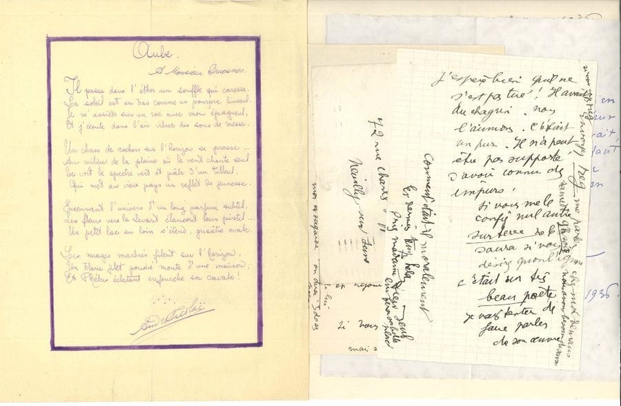 André de Nicolaï (1910-1936) poète ; il fut secrétaire de Fernand Gregh. Ensemble de documents.
   * Poème autographe signé, Aube, signé « André Nicolaï », sonnet soigneusement calligraphié à l’encre violette et dédié à M. Druesnes.
   * Les Fêtes douloureuses. Quatre visages de Jack Michael Reg (Maurice d’Hartoy, 1933), in-4 tiré à 476 ex., un des quinze sur Japon nacré (n° III spécialement impr. pour Mme de Nicolaï), broché à toutes marges.
   * Correspondance adressée à sa mère : 28 lettres, la plupart L.A.S., 1936-1957 : Pierre Aldebert, Mme Aurel (2), Jacques Brûlé, Lucie Delarue-Mardrus (4, plus un poème a.s. à la mémoire de Nicolaï dit à l’enterrement), Armand Godoy (3), Fernand Gregh (et 2 de sa fille Geneviève), Pierre Lagarde (5, plus un tapuscrit d’hommage au disparu), Wilfred Lucas, Pierre Mornand, François-Joseph de Payer, Pierre Petit de Julleville, Jean Rameau, Maurice Rostand (2), Jean Suberville, etc. Plus 4 cartes de visite autogr. de Fr. Debat, Simone Maurois, Fr. Pietri, Mme Ed. Rothschild, et un mémoire pour les travaux au tombeau.
   On joint la dactylographie d’un procès-verbal d’autopsie (mort par coup de feu tiré à bout portant), et un dossier de 20 lettres et documents familiaux, la plupart concernant son père, le lieutenant Hugues-Charles Nicolaï, qui fut notamment chef de bureau aux chemins de fer d’Égypte.
