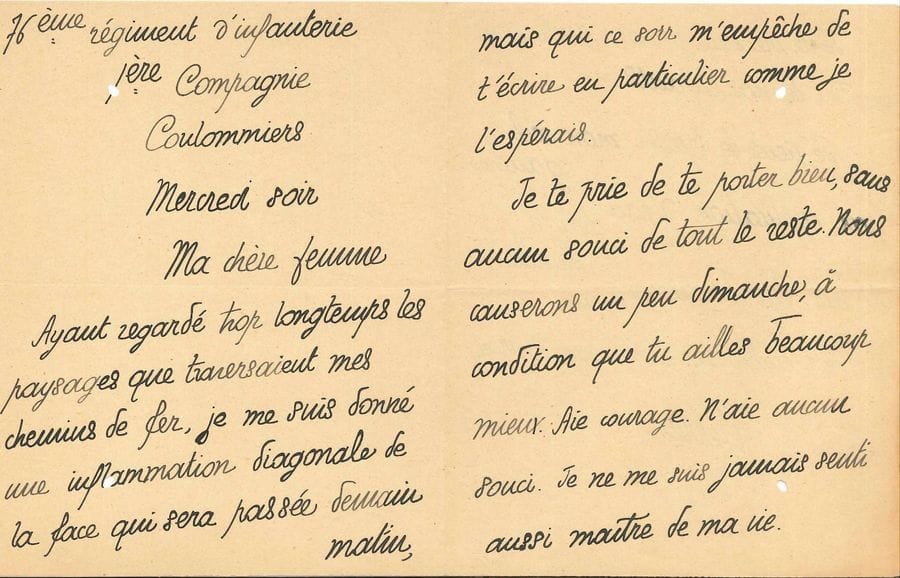 Charles PÉGUY (1873-1914). L.A.S. « Pierre », Coulommiers mercredi [5 septembre 1900], à sa femme ; 3 pages in-8 (petits trous de ver).
   « Ayant regardé trop longtemps les paysages que traversaient mes chemins de fer, je me suis donné une inflammation diagonale de la face qui sera passée demain matin [...] Je te prie de te porter bien, sans aucun souci de tout le reste. Nous causerons un peu dimanche, à condition que tu ailles beaucoup mieux. Aie courage. N’aie aucun souci. Je ne me suis jamais senti aussi maître de ma vie. Je ne me suis jamais senti aussi maître de nos enfants »...
