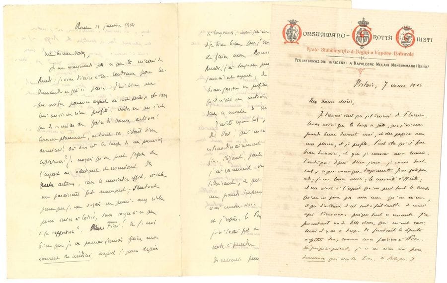 Édouard ROD (1857-1910). 14 L.A.S., 1905-1906, à sa femme Valentine ; environ 35 pages principalement in-8 et 3 cartes postales avec adresse, 5 enveloppes.
   Intéressante correspondance à sa femme « Vally » pendant ses voyages en Italie.
   Rome 11 janvier 1905. Il parle de son vieux projet sur Laurent de Médicis, de sa rencontre au Vatican avec le Cardinal Merry Del Val, « qui m’a fait une impression extrêmement sympathique. Il est beau, fin, élégant, parle le français à la perfection ». Il espère être reçu par le Pape… 18 janvier. Il se rend à un banquet organisé en son honneur par La Nueva Antologia ; il renonce à la Sicile, mais constate que l’Italie lui fait du bien : « si l’on peut être heureux quelque part, cela doit être en Italie et ne peut être que là ». Quant à la politique française, il lit à peine les journaux, juste assez pour comprendre que le cabinet est mort… Pistoia 7 mars. Le temps est maussade et il commence à se lasser du voyage : « la curiosité s’effrite ». Il raconte les somptueux palais de Bologne, « mais la ville est froide ». Il a assisté à une leçon de Caverni, grand spécialiste de Dante, très vieux, qui peine à trouver ses mots et ses idées. Il pense rentrer à Florence où il retrouvera son ami le poète Fogazzaro…
   Novembre 1905-janvier 1906 : nouveau séjour en Italie, de Turin à la Sicile, en compagnie de sa fille Marie. Vicence 3 décembre 1905. Après un charmant séjour chez le poète Fogazzaro, ils s’apprêtent à partir pour Padoue, Ferrare et Ravenne… Florence 9 décembre. « Nous voici dans la ville des fleurs et des souvenirs ». Il admire les paysages toscans, mais préfère la campagne romaine. « Le matin appartient au travail ; je tâche de faire un article, et c’est bien difficile quand on a le ciel de l’Italie au-dessus de soi ». Il parle de ses enfants… Rome 21 décembre. Visite au Vatican avec Soderini, où il rencontre à nouveau le Cal Merry Del Val. Il part pour la Sicile… Catane 27 décembre. Il est chez Giovanni Verga. Ils