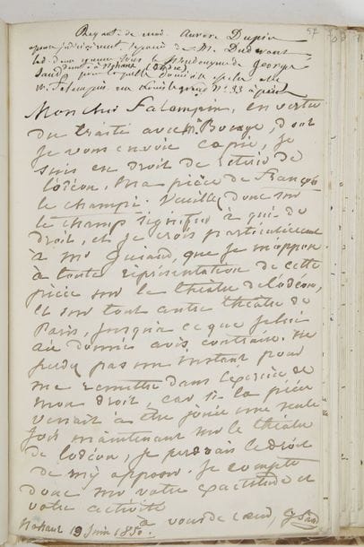 George SAND. 136 L.A.S., Paris ou Nohant 1844-1858, à son homme d’affaires Gabriel Falampin ; environ 210 pages la plupart in-8, montées sur onglets et reliées en un volume in-8 demi-veau fauve.
   Importante correspondance à son homme d’affaires, qui jette un jour nouveau sur les conditions d’existence de George Sand, sur sa fortune et sur ses biens, sur ses revenus et sur ses problèmes d’argent (rentrées difficiles, nombreuses dettes), ses dépenses et ses besoins, etc. Nous ne pouvons en donner ici qu’un trop bref aperçu.
   Elle charge Falampin de faire rentrer l’argent qui lui est dû par des journaux et revues (La Réforme), d’examiner ses traités avec les éditeurs Perrotin, Garnier ou Hetzel. Falampin était également directeur artistique de L’Illustration. Elle le prie de commander des vers au poète-ouvrier Charles Poncy : « il n’y a aucun moyen de lui faire accepter de l’argent si ce n’est en payement de son travail de maçon ou de poète »… Elle écrit pour lui un article sur les tapisseries de Boussac (la Dame à la Licorne), et elle lui envoie des dessins de son fils Maurice, notamment « un aspect très fidèles des pierres jômatres, ce cromlech celtique qui figure dans Jeanne »...
   À la fin de 1847, elle le charge de négocier avec l’industriel Delatouche la vente d’Histoire de ma vie, « une série de souvenirs et de réflexions, où je tâcherai de mettre quelque intérêt et quelque utilité pour toutes les classes de lecteurs. Ce ne seront point des confessions à la Jean-Jacques, ouvrage que je blâme autant que je l’admire, et où il confesse tout le monde, ce que je trouve assez sournois et rancuneux. Dieu merci je ne ferai de peine et de mal à personne. Il y a longtemps que je travaille à ramasser les matériaux de mes petits mémoires. Je n’ai plus qu’à mettre en ordre » (20 décembre 1847).
Falampin suit également pour Sand le procès qu’elle a intenté à la suite de la reproduction illicite de La Mare au Diable. Elle lui parle d’un projet d’édition expurg