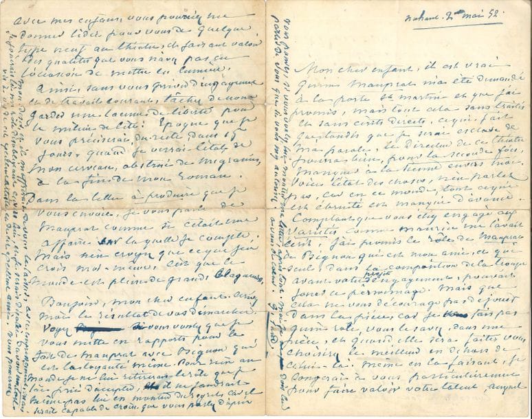 George SAND. L.A.S., Nohant 2 mai [18]52, [à l’acteur Henri Lafontaine] ; 4 pages in-8 très remplies d’une petite écriture à l’encre bleue (petites fentes réparées au papier gommé).
   Belle et longue lettre sur sa pièce tirée du roman Mauprat et sur le théâtre de Nohant.
   « Mon cher enfant, il est vrai qu’un Mauprat m’a été demandé à la Porte St Martin et que j’ai promis, mais tout cela sans traités et sans écrits directs. […] j’ai promis le rôle de Mauprat à Bignon qui est mon ami, et qui seul, dans la composition de la troupe avant votre projet d’engagement, pouvait jouer ce personnage.  Mais que cela ne vous décourage pas de jouer dans la pièce, car je ne fais pas qu’un rôle, vous le savez, dans une pièce, et quand elle sera faite vous choisirez le meilleur en dehors de celui-là. Même en la faisant je songerai à vous particulièrement pour faire valoir votre talent auquel j’ai confiance, vous le savez, et que je tiens de tout mon coeur à mettre sur la ligne qui lui convient ». Elle évoque sa pièce Maître Favilla pour les Variétés, puis le directeur de la Porte Saint-Martin Marc Fournier, qui est un personnage « glissant dans les mains ; il m’a fait déjà un beau tour de son métier. N’importe, puisque la destinée des artistes est d’être floué moralement ou pécuniairement par ceux qui exploitent, il faut bien en prendre son parti, et aller de l’avant ». Elle conseille à Lafontaine de ne pas attendre Mauprat pour débuter à ce théâtre. « Je ne pourrai travailler à Mauprat qu’au mois de juin. Je fais un roman qui finira dans le courant de mai.  Il est probable qu’en juillet la pièce sera prête. Il faudrait tâcher de nous voir à ce moment-là si vous étiez libre pour une quinzaine de jours, nous essaierions sur notre théâtre-tabatière de Nohant, sinon de jouer toute la pièce, si nous manquons de personnages, du moins certaines parties où on vous donnerait la réplique en jouant tant bien que mal avec vous. Mais ceci n’est qu’un plaisir que nous prendrions en famil