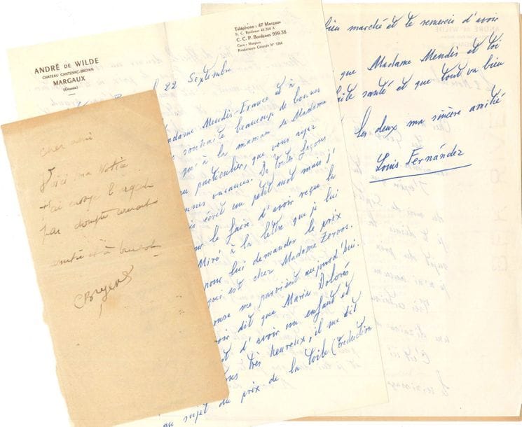 BEAUX-ARTS. 7 L.A.S. et 1 L.S., au galeriste René Mendès-France.
   Camille Bryen, Luis Fernandez (2, de Cantenac, parlant de Miró et d’un tableau), Ladislas Jahl, Sigismond Kolosvari, André Level (1929, parlant de Picasso et de Max Jacob), Mané-Katz, Geza Szobel (l.s.). On joint le fac-similé d’une lettre de Picasso à Béla Czobel, la copie d’un texte de Jean Cassou sur Jules Lefranc, et le catalogue d’exposition des Surindépendants (1957).
