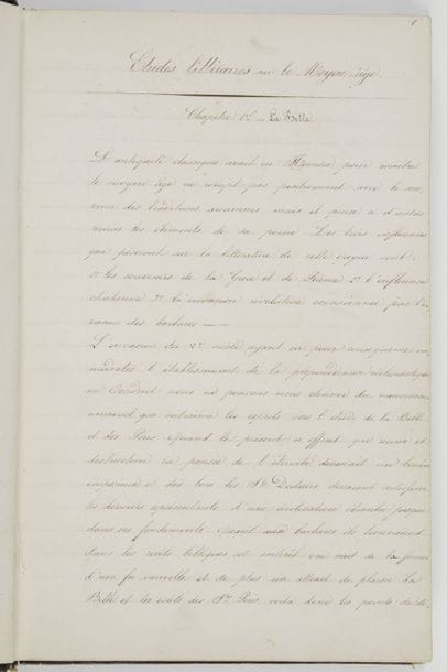 Éva Gonzalès (1849-1883) peintre, amie et élève de Manet ; elle épousa (1879) le peintre-graveur Henri Guérard. Manuscrit autographe signé « Eva Gonzalès », Études littéraires sur le Moyen Âge ; volume in-8 de 210 pages, cartonnage d’époque dos basane noire (dos restauré).
   Rare manuscrit de jeunesse (Éva Gonzalès mourut à l’âge de 34 ans).
   Cahier de cours ou de notes de lecture, signé en fin, rassemblant des textes sur les origines bibliques de notre littérature, la littérature sous Charlemagne, la scolastique (Abélard), les poésies des bardes, les jongleurs, les trouvères, les romans allégoriques (Roman du Renard, Roman de la Rose), les mystères, miracles et pastorales, les chroniqueurs (Villehardouin, Joinville)… Quelques aperçus des littératures espagnole et italienne, de l’architecture médiévale ; tableau des Croisades.
   On joint un poème autographe signé par Auguste Lefebvre, dédié A Mlle Eva Gonzalès.
