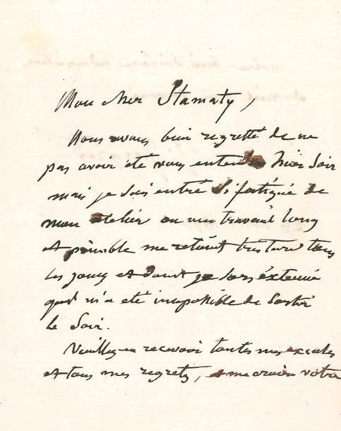 Jean-Dominique INGRES. L.A.S., Paris 28 avril 1849, au pianiste Camille Stamaty ; 1 page et demie in-12.
   Il regrette de n’avoir pu aller l’entendre la veille, « mais je suis rentré si fatigué de mon atelier où un travail long et pénible me retient très tard tous les jours et dont je sors exténué qu’il m’a été impossible de sortir le soir »…
   [Ingres connaît depuis son enfance le pianiste et compositeur Camille-Marie Stamaty (1811-1870), qui figure, âgé de sept ans, sur le célèbre dessin représentant la famille Stamaty ; sa sœur aînée Pauline-Atala fut l’élève d’Ingres.]
