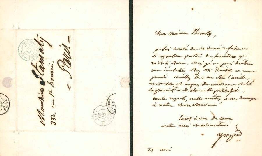 Jean-Dominique INGRES. 2 L.A.S., [Paris 1850], au pianiste Camille Stamaty ; 1 page in-8 chaque (petit deuil), une adresse.
   Mercredi 6 mars [1850]. Il ne peut venir à son concert ce soir : « un rhume très violent qui me donne la fièvre me force à garder ma chambre et le lit » ; il l’assure de son attachement et de son admiration.
   21 mai [1850]. Il regrette de « devoir reporter une si agréable partie de famille qui m’est si chère, mais je ne puis décliner une invitation chez M. Reiset ». Il prie de l’excuser auprès de sa femme et de sa petite fille… 
