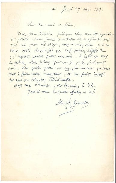Charles GOUNOD (1818-1893). L.A.S. 27 mai 1847, au pianiste Camille Stamaty ; demi-page in-8, adresse avec cachet cire noire et dorée marqué d’une croix.
   Lettre écrite comme abbé, alors qu’il se préparait à la prêtrise. « Venez donc demain puisque cela vous est agréable et possible : vous savez que toutes les occasions de vous voir me sont très chères ; vous n’aurez donc qu’à me tenir averti chaque fois que vous pourrez disposer de quelques instants pour les passer avec moi. Il suffit que vous le fassiez assez à tems pour que je puisse seulement vous dire par la poste un oui, ou un non qui serait tout à fait contre mon cœur, et me serait imposé par quelque obligation indéclinable »…
   On joint une L.A.S. de Joseph Napoléon Ney, prince de la Moskowa, à Camille Stamaty, Paris 17 juillet [1852 ?], en faveur de Gustave Canoby.
