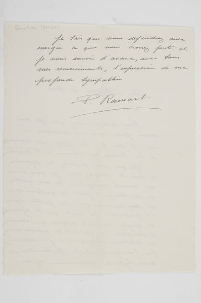 Pauline RAMART (1880-1953) chimiste ; elle fut la deuxième femme après Marie Curie à être nommée professeur de chimie organique à la Sorbonne. L.A.S., [1930 ?], à un « collègue et ami » ; 1 page et demie in-4.
   Au sujet de sa candidature à l’Académie des Sciences. [Elle ne sera finalement pas élue.] « Vous comprendrez que je crois devoir poser ma candidature en vue d’être sur la liste des candidats de la Section de Chimie à l’Académie ». Elle envoie à son collègue quelques-uns des douze mémoires qu’elle a publiés, « afin que vous puissiez me défendre si vous le jugez bon », et elle insiste sur certains points de son travail : « En particulier j’ai établi que la déformation des angles valentiels entraîne une variation d’absorption (et par suite de propriétés chimiques des substances organiques) et j’ai déterminé, par l’analyse spectrale, la structure de divers types de combinaisons azotées. Je sais que vous défendrez avec énergie ce que vous croyez juste »… 
