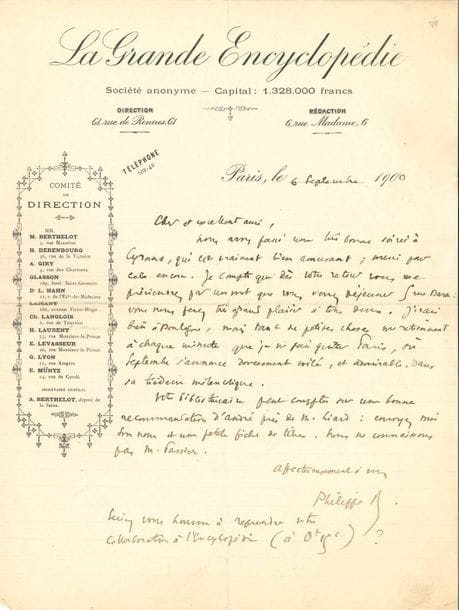Philippe BERTHELOT (1866-1934) diplomate et homme politique. 107 L.A.S., Paris vers 1897-1904 et s.d., à Jules Huret (3 à Madame) ; 144 pages formats divers, la plupart à en-tête Affaires étrangères ou La Grande encyclopédie, qqs adresses et enveloppes.
   Importante correspondance. Critiques à l’égard du Figaro, plaintes concernant l’insertion de ses articles (dont une étude sur Toulouse-Lautrec)... Allusions à l’avancement de La Grande Encyclopédie, et invitation à faire l’article « Naturalisme (littérature) » (29 octobre 1898)... Fréquentes demandes de places au spectacle : Maeterlinck, Ibsen, Goncourt, Lemaître, Dumas fils, Rostand, Becque, Wagner, Puccini, etc. Recommandations pour un protégé aux affaires étrangères... Envoi d’« échos », dont de jolis textes sur les chats de Barrès et la poésie de Moréas, etc. Rendez-vous chez Tristan Bernard, et invitations chez lui, avec Beaunier, Merrill, etc.
   On joint une photographie des Berthelot en robes chinoises, avec dédicace a.s. au dos, Tchentou (Chine) 2 avril 1904, et 10 cartes de visite autogr. ou a.s. au même. Plus 7 L.A.S. de son frère André Berthelot.
