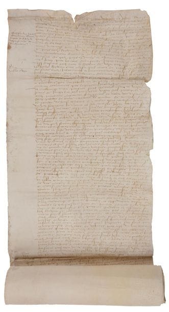 BRETAGNE. Charte, 7 août 1522 ; 4 vélins cousus en rouleau (196 x 34 cm) ; en français (2 trous affectant le texte, légère trace de moisissure en marge).
   Contestation et transaction après arbitrage entre le recteur de Vezin et les moines de l’abbaye bénédictine de Saint-Melaine près de Rennes, concernant la dime et la reconnaissance de divers droits.
