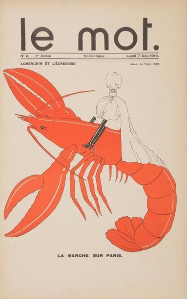 [Jean COCTEAU. Paul IRIBE]. Le Mot (Paul Iribe éditeur, 1914-1915) ; un volume in-fol., cartonnage d’époque papier marbré (qqs lég. rouss.).
   Collection complète des 20 numéros de la revue satirique Le Mot créée par Paul Iribe et Jean Cocteau, parus du 20 novembre 1914 au 1er juillet 1915, avec des couvertures dessinées par Paul Iribe et imprimées en deux tons, et illustrée de nombreux dessins (certains en double page) de Jim (Jean Cocteau), Raoul Dufy, Léon Bakst, Albert Gleizes, André Lhote, Sem, Paul Iribe… Les textes sont pour la plupart dus à Jean Cocteau.
   Envoi autographe en page de garde à l’encre bleue : « A Francis Poulenc son ami Jean Cocteau 1918 ».
   Avec le tract annonçant l’interdiction du n° 15 par la censure.

