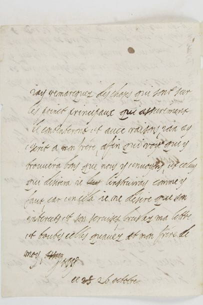 MARGUERITE DE LORRAINE, duchesse d’ORLÉANS (1615-1672) fille du duc François II de Lorraine, elle fut la seconde épouse (1632) de Gaston d’Orléans, Monsieur, frère de Louis XIII. L.A.S. (monogramme), 26 octobre [1659], à son frère Nicolas-François duc de Lorraine ; 2 pages in?4, adresse avec traces de cachets de cire rouge. 
   Au sujet de la libération de leur frère aîné Charles IV duc de Lorraine, qui avait été prisonnier des Espagnols pendant cinq ans. Elle dit à son frère de continuer à agir comme il l’a déjà fait ; « de mon cottez je feray tou ce que je pouray enverre laisnee, mais jan suis la qui faut que laisnee soit informez par quelqun qui ne luy soit point suspect, de touce qui cest passez depuis sa détention, car comme y na estay informez que par des gens qui naymoit point votre mestre cela nest pas estrange qui nayt pas sceut ce qui le justifiez, mais des qui sera sur la frontiere y faut qui trouve un homme qui luy die ce qui se peut dire la desus et que je scay bien qui le satisfera »... Elle ne désire que son intérêt et le servir. Il faut brûler cette lettre « et toutes celles quavez et mon frere de moy »...
