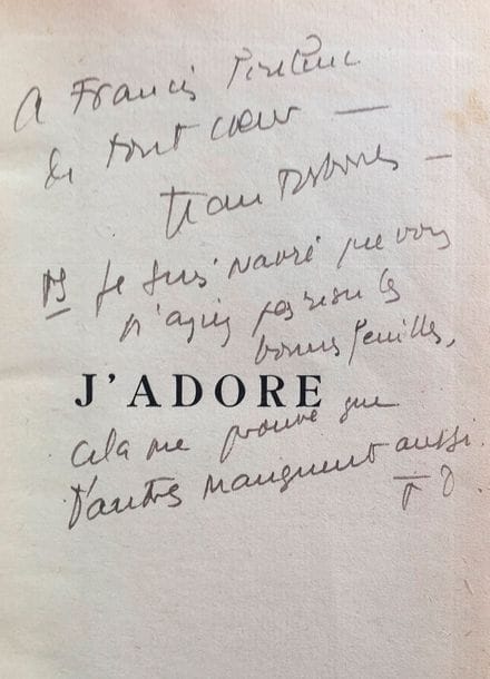 Jean COCTEAU. Le Mystère laïc (Giorgio De Chirico), essai d’étude indirecte, avec cinq dessins de Giorgio De Chirico (Éditions des Quatre Chemins, 1928) ; petit in-8, broché, couverture rempliée.
   Édition originale tirée à 3000 exemplaires, un des 2875 sur papier de Rives à la forme (n° 350). Envoi autographe sur le faux-titre : « à [nom effacé] de tout cœur [étoile] Jean ».
   On joint : Jean DESBORDES. J’adore. Préface de Jean Cocteau (Bernard Grasset, 1928) ; in-8, cartonnage, couverture et dos conservés. Édition originale (S.P.). Envoi autographe sur le faux-titre : « à Francis Poulenc de tout cœur – Jean Desbordes. PS Je suis navré que vous n’ayez pas reçu les bonnes feuilles, cela me prouve que d’autres manquent aussi. J.D. ».
