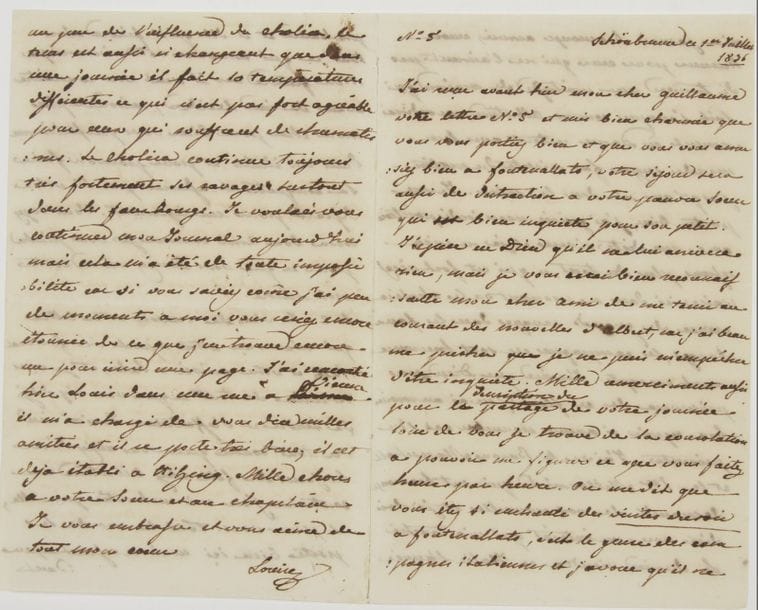 MARIE-LOUISE. L.A.S. « Louise », Schönbrunn 1er et 2 juillet 1836, à son fils Guillaume ; 4 pages in?8.
   À son fils Guillaume (Guillaume-Albert de Montenuovo, 1819-1895, qu’elle eut avec le comte Neipperg). Elle est charmée que son fils apprécie son séjour à Fontenallato, demande des nouvelles de sa fille Albertine et du petit Albert, ironise sur le goût pour le farniente de certaines dames qui restent dans leur salon du matin au soir... Elle s’inquiète des ravages causés par le choléra. Elle a vu le baron Mareschall et le prince Metternich qui ira en Italie l’année prochaine pour fixer « tout ce qui concerne votre émancipation future car il veut vous connaître avant de rien décider, raison de plus mon cher pour bien vous perfectionner dans vos études, et pour faire sa conquête, et assurer par là votre départ pour un régiment »... Elle poursuit sa lettre le lendemain après avoir appris l’arrivée de Guillaume à Salo, et parle à nouveau du choléra qui continue très fortement ses ravages, surtout dans les faubourgs…

