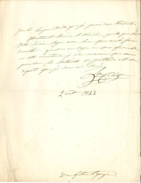 Louise COLET. L.A.S., Paris 2 août 1843, à un Ministre ; 2 pages et demie in-4.
   Au sujet de son poème Le Monument de Molière. Elle a sollicité « une souscription à cette brochure que je serais heureuse de voir adressée par vous aux bibliothèques […] Quand on sollicite une espèce de secours, on doit quoique cela soit triste, parler avec sincérité. J’avais de mon père et de ma mère, que j’ai perdus bien jeune, un débris de patrimoine ; après mon mariage, en arrivant à Paris, je plaçai ma modeste dot chez un notaire »… Malgré son travail assidu, elle dut ces dernières années retirer petit à petit les mille francs qu’elle avait de côté et contracter des dettes ; et sa santé est altérée « par les longues veilles que je passe au travail »…
   On joint une L.A.S. de Victor Cousin à Louise Colet pour la voir « seule ».

