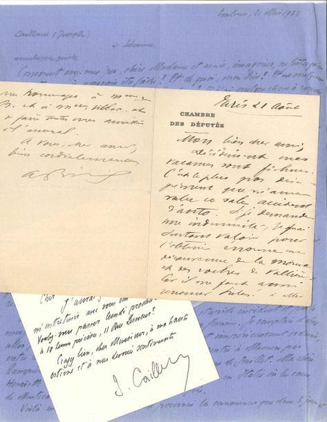 POLITIQUE. 9 pièces, la plupart L.A.S.
   Aristide Briand (l.a.s. sur un accident d’auto, l.s. de 1913 avec doc. joints sur l’état de siège en cas de guerre), Joseph Caillaux (1923, longue lettre à Mme Séverine, 1930 au conseiller Barré), Monique Pinay, Raymond Poincaré (à Clemenceau, 1919), Jacques Rueff (l.s. à Paul Lesourd, 1971).
