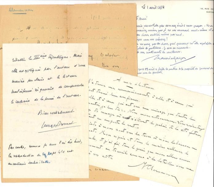 POLITIQUE. 29 pièces, la plupart L.A.S. ou cartes de visite a.s. adressées au journaliste Léon Treich.
   Georges Bonnet, Michel Clemenceau (7, plus 3 doc. concernant la famille Clemenceau), Paul Deschanel, Maurice Garçon (2, et envoi), Maurice d’Hartoy, Marc Henry (au sujet d’Henri Guilbeaux), Édouard Herriot, Henri Joubert (2, dont une longue lettre de renseignements pour une fiche biographique), colonel Fernand Maire, général Charles-Arthur Maitrot (manuscrit La France et l’Allemagne dans les Républiques sud-américaines), Jean Marcel (4, relatives à Jacques Bainville), Jean Mistler, Jean Piot, Franck-Louis Schoell, etc.

