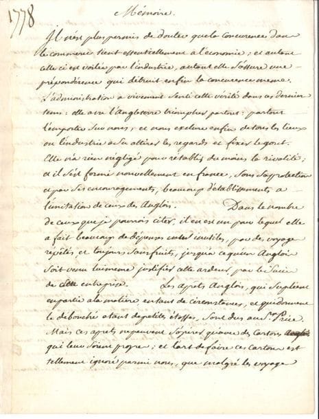 Jean-Marie ROLAND de la Platière (1734-1793) homme politique, ministre de l’Intérieur en 1792. Manuscrit signé, Mémoire, Amiens 4 novembre 1778 ; 3 pages et quart in-4 (traces d’onglet).
   Intéressant mémoire économique pour développer la papeterie française.
   Ces derniers temps, on a vu l’Angleterre « triompher partout : partout l’emporter sur nous ; et nous exclure enfin de tous les lieux où l’industrie a su attirer les regards et fixer le gout. […] Les aprêts anglois, qui supléent en partie à la matiere, en tant de circonstances, et qui donnent le débouché à tant de petites étoffes, sont dus au Sr Price. Mais ces aprets ne peuvent s’opérer qu’avec des cartons qui leur soient propres ; et l’art de faire ces cartons est tellement ignoré parmi nous, que malgré les voyages réitérés en Angleterre pour en découvrir les procédés, malgré les essais sans nombre et très coûteux […] on n’a rien fait qui vaille encore »… Ayant contesté vigoureusement un mémoire lu à l’Académie des sciences [Second mémoire sur la papeterie de Nicolas Desmarest], et souligné les difficultés d’importer les apprêts anglais par temps de guerre, Roland propose que le gouvernement encourage un Anglais naturalisé Français qui a reçu de son pays d’origine « les détails, et de la coupe des machines, et des procédés de l’art » : il demande pour lui l’exemption des droits, charges publiques, charges de milice et corvée, capitation, taille etc.
